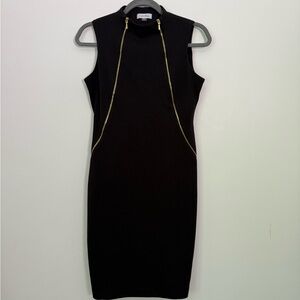 Calvin Klein Black and Gold Zippered Sheath Midi Dress Mock Neck Sleeveless